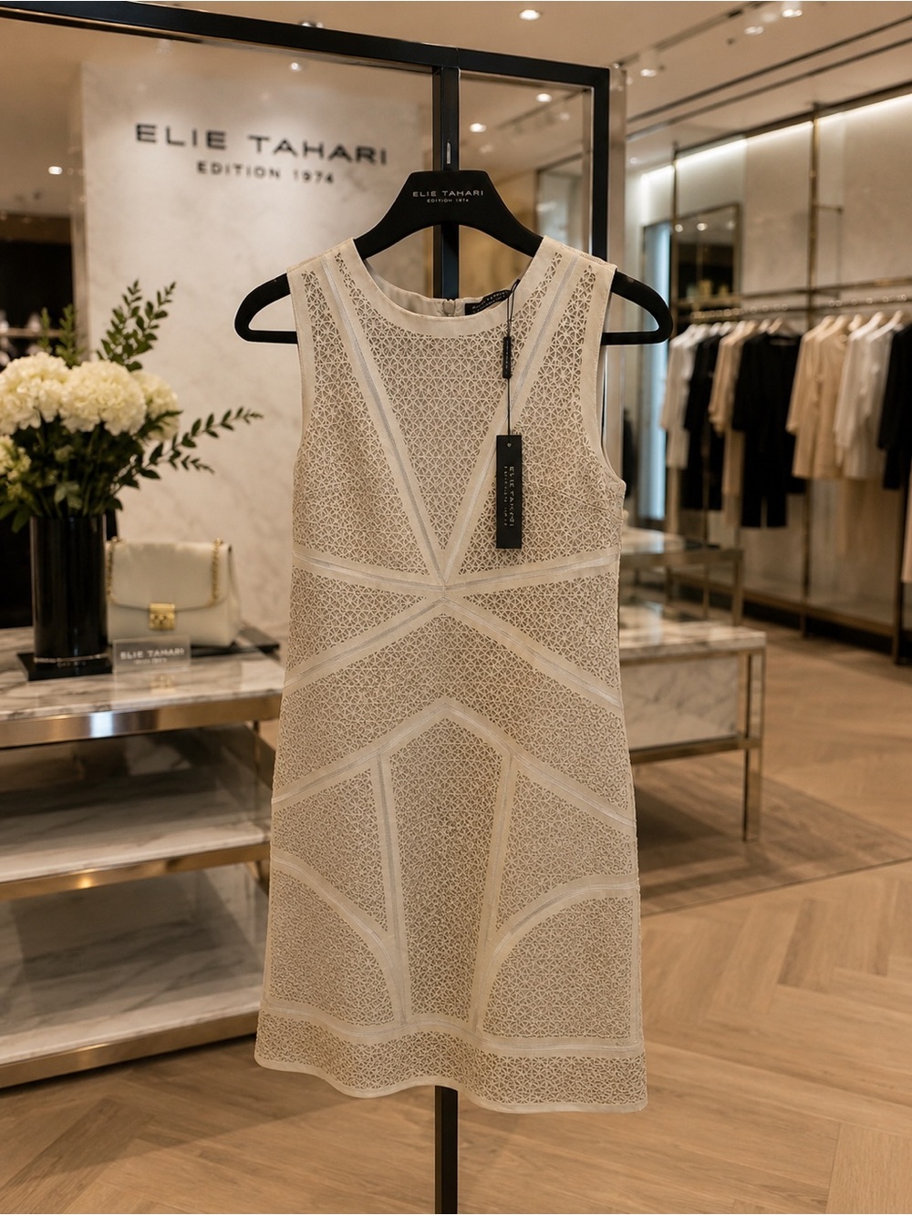 Elie Tahari Edition 1974 Luxury Cream Geometric Lambskin Murberry Dress